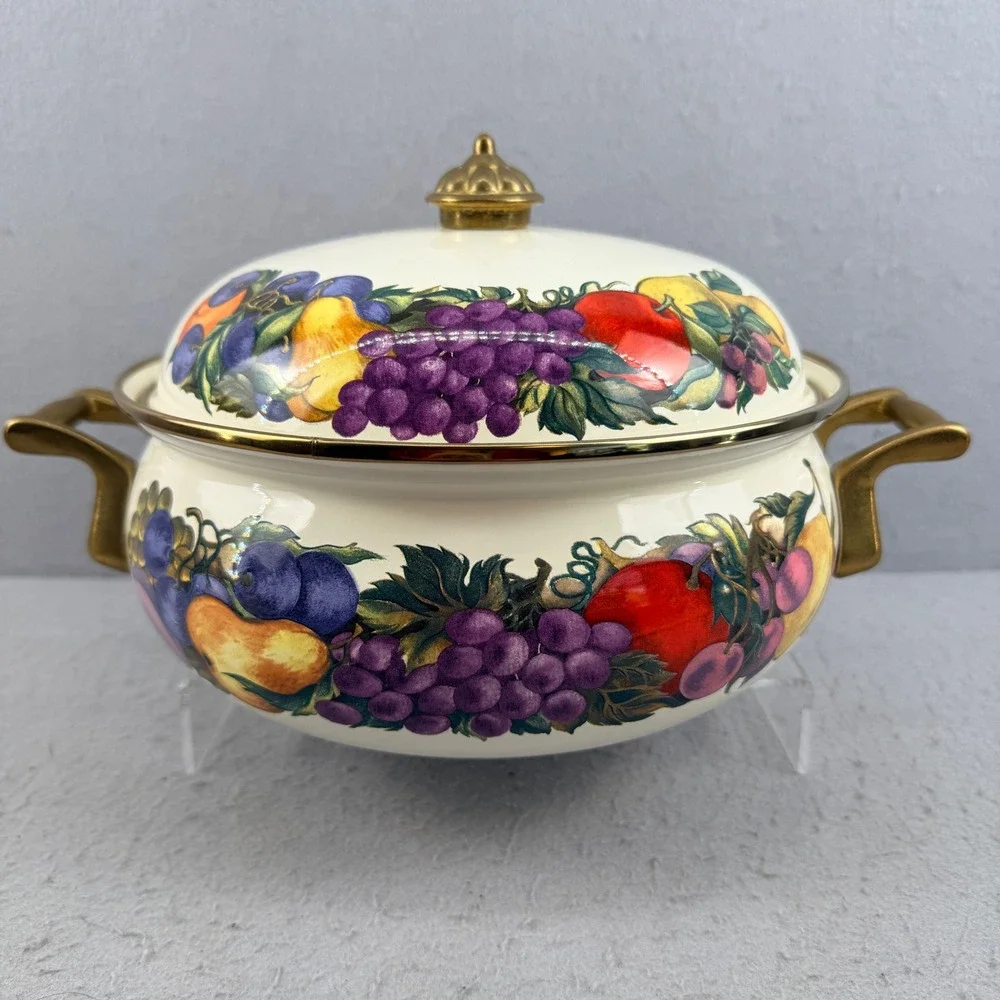 Vtg Enamel Dutch Oven Casserole Orchard Fruit Pattern Brass Handles Pristine 10
